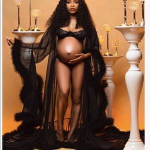 Long Lingerie Robe Nightgown Bathrobe Sleepwear Feather Bridal Robe